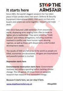 Costa Club Members and Stop the Arms Fair disseminated Leaflet at the Excel London 